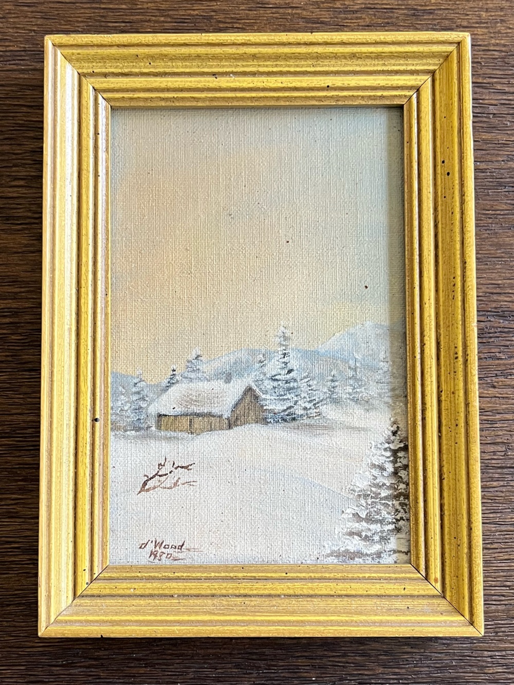 Vintage | Snowy Winter Farm Barn Painting | Yellow Wood Frame | Signed